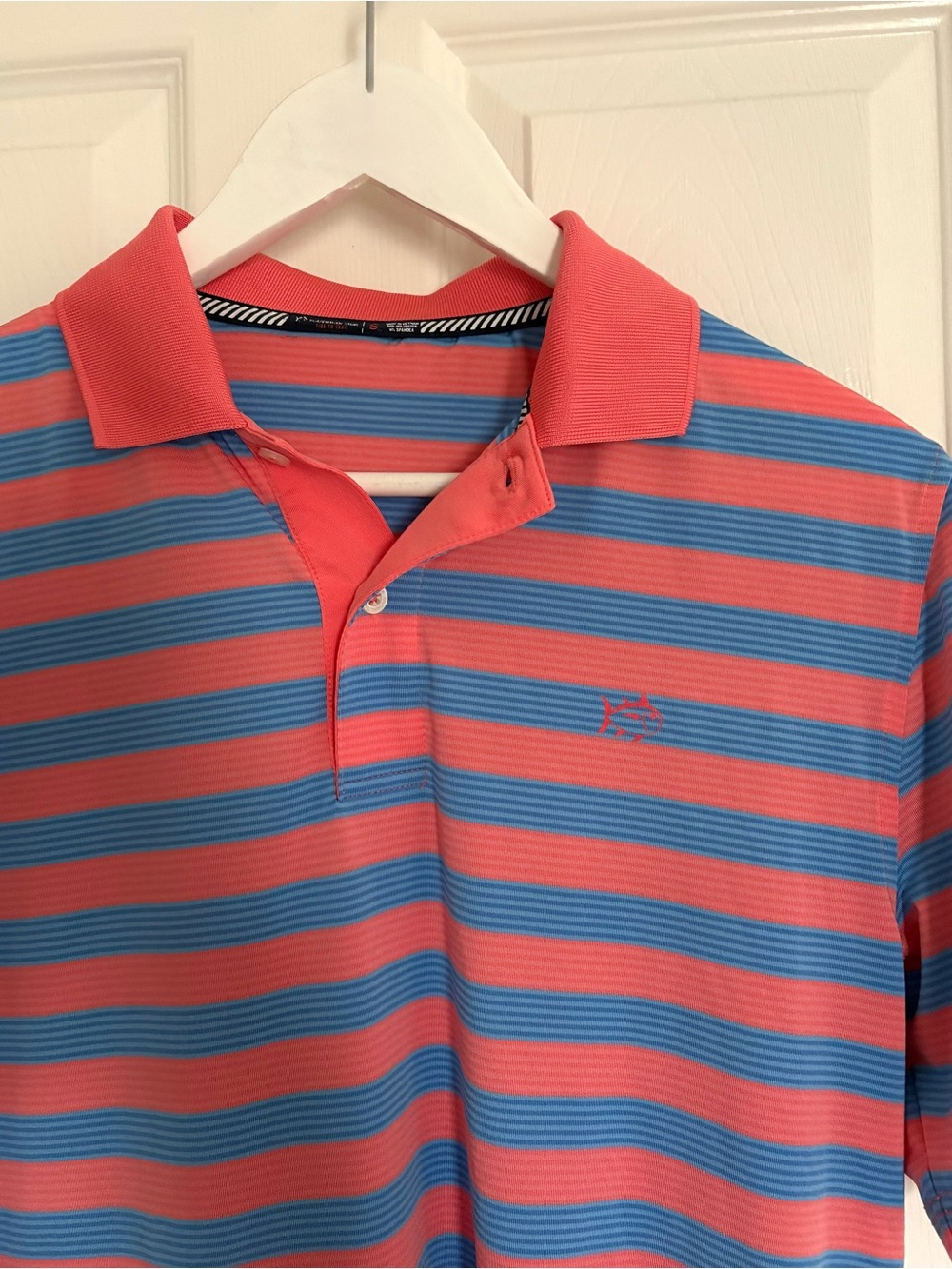Southern Tide Coral and Blue Striped Polo